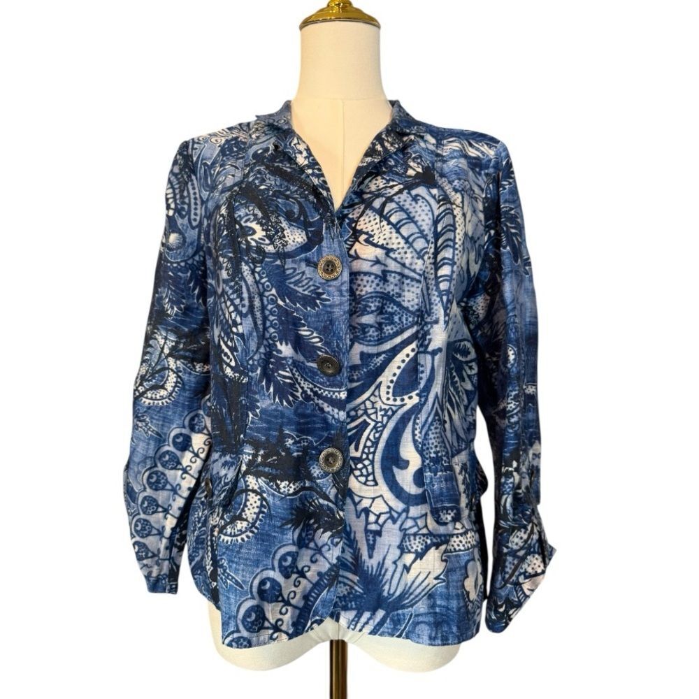 Chico's Linen Blend Top Jacket Blue White Collar 3/4 Sleeve Metal Buttons 0 S 4